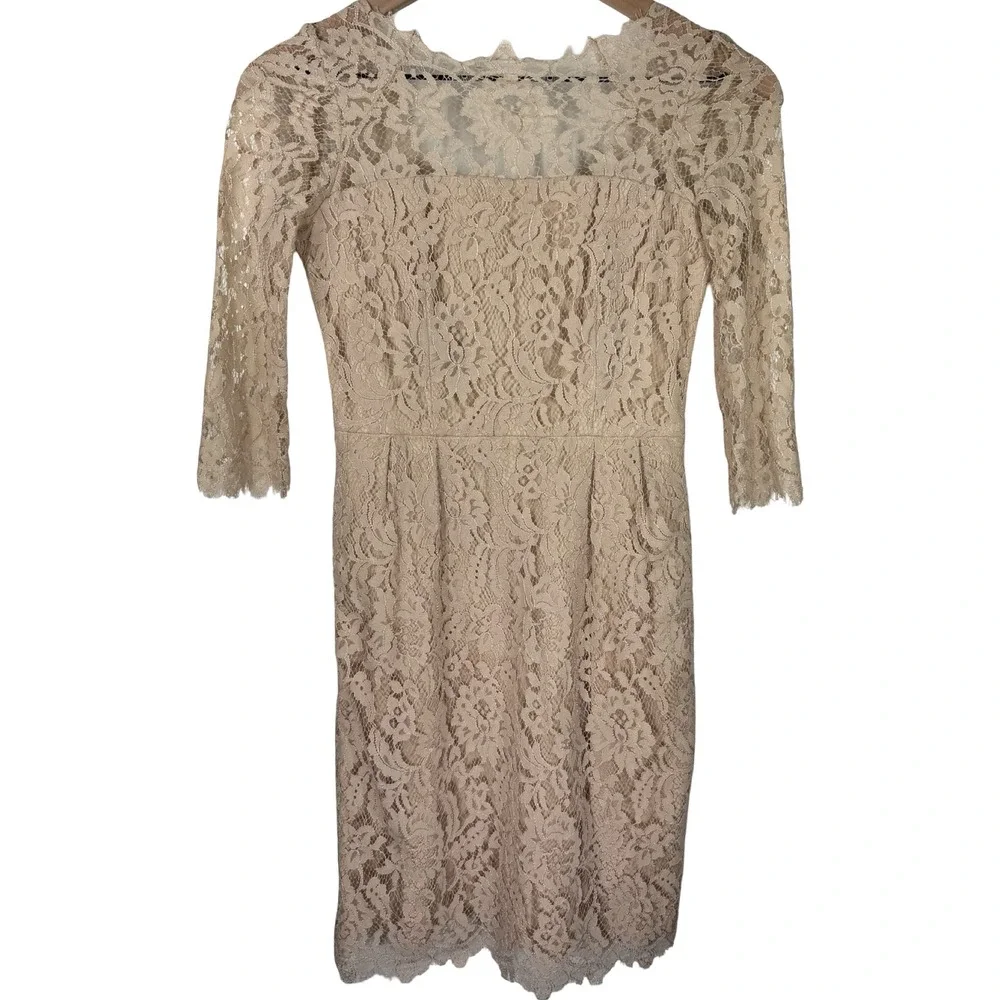 Milly of New York Champagne Floral Lace Sheath Dress Beige 3/4 Sleeve Size 0 - Picture 2 of 7